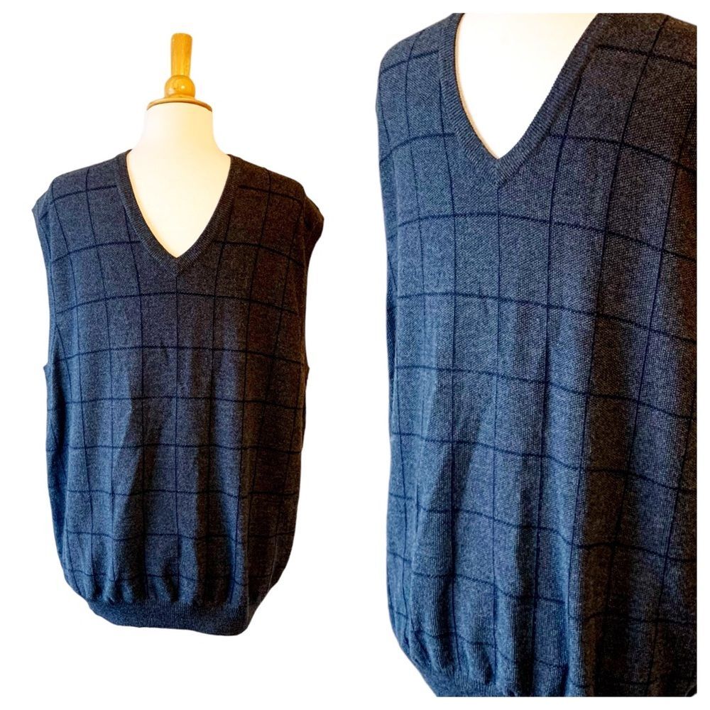 BROOKS BROTHERS Grey Plaid Merino Wool Sweater Vest - XL